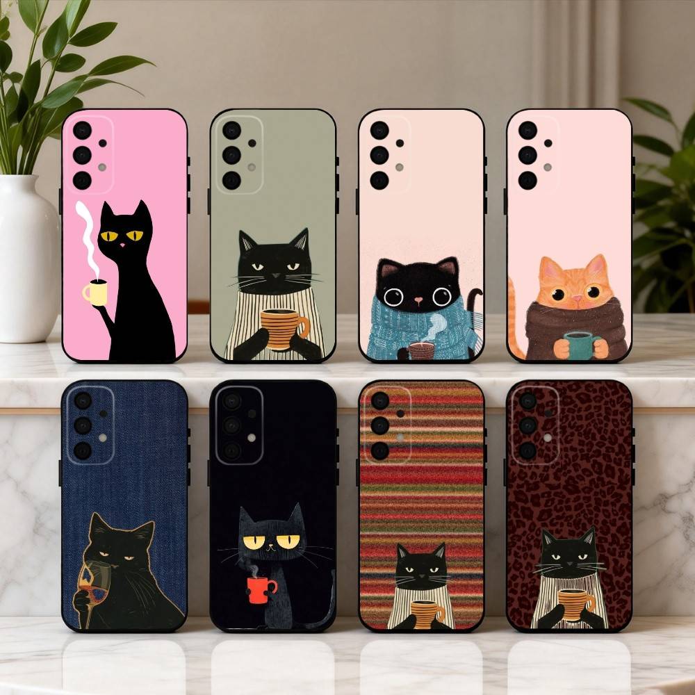 Чехол для телефона S-Striped C-Coffee Cat для Samsung Galaxy A73, A72, A71, A70, A53, A52, A51, Другие Мягкий Черный Корпус