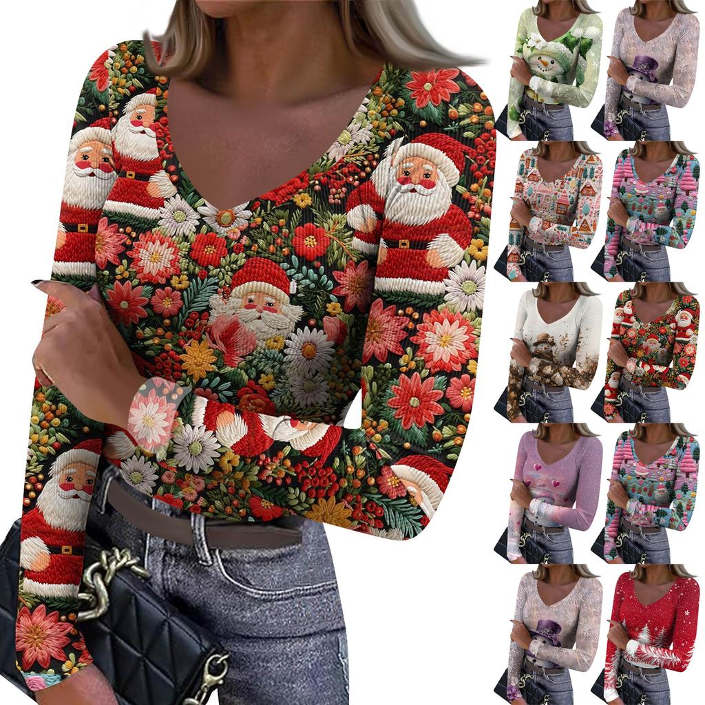 Женская зимняя облегающая футболка-базовый слой, модный рождественский принт, V-образный вырез, пуловер, топ с длинными рукавами