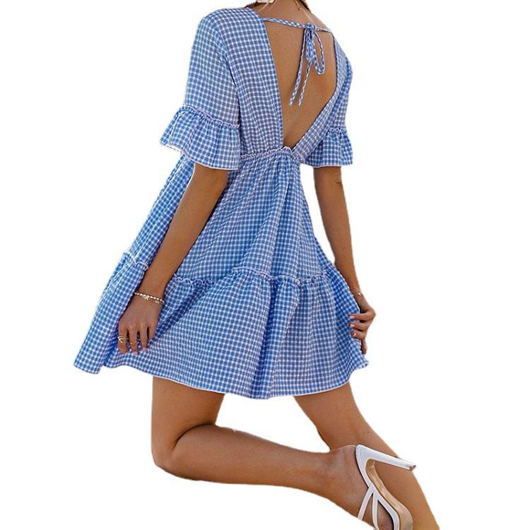 GMXIA Женские модные летние весенние однотонные повседневные платья с v-образным вырезом и короткими рукавами и высокой талией