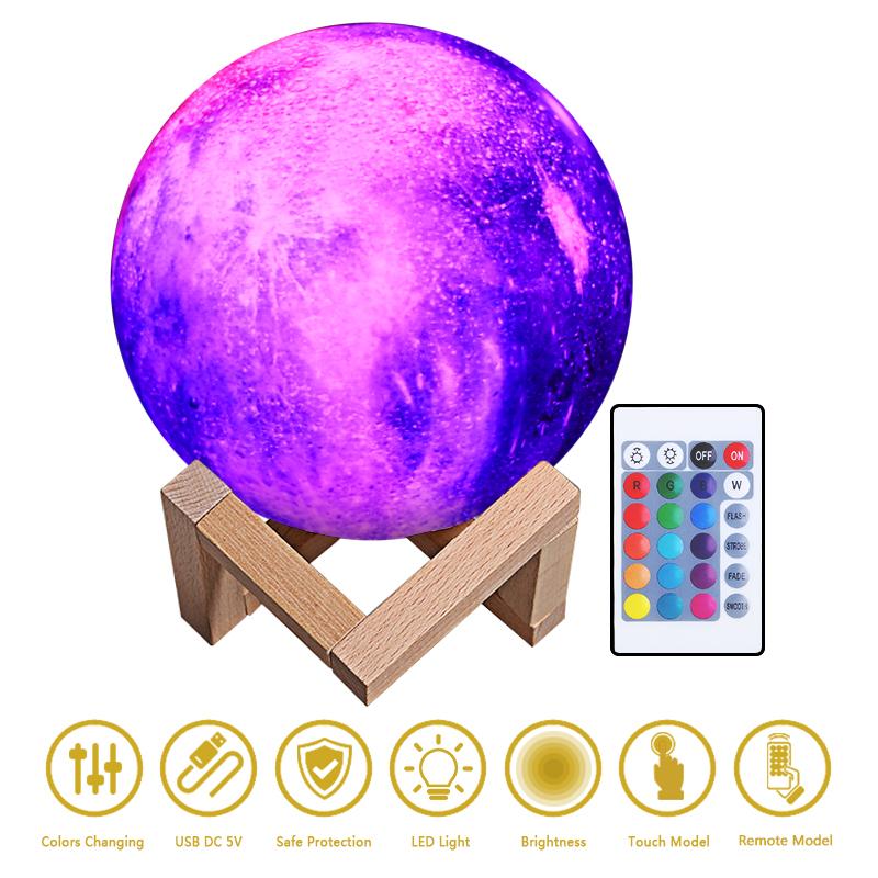 Drop Shipping 16 Colors Galaxy Moon Lamp Usb Rechargeable 15Cm Remote Control 3D Printing Led Night Light Moon
