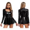 Women Latex Dress Deep V Neck Mesh Long Sleeves Mini Dress Shiny Faux Leather Dress Halloween Costume Rave Party Punk Club Wear