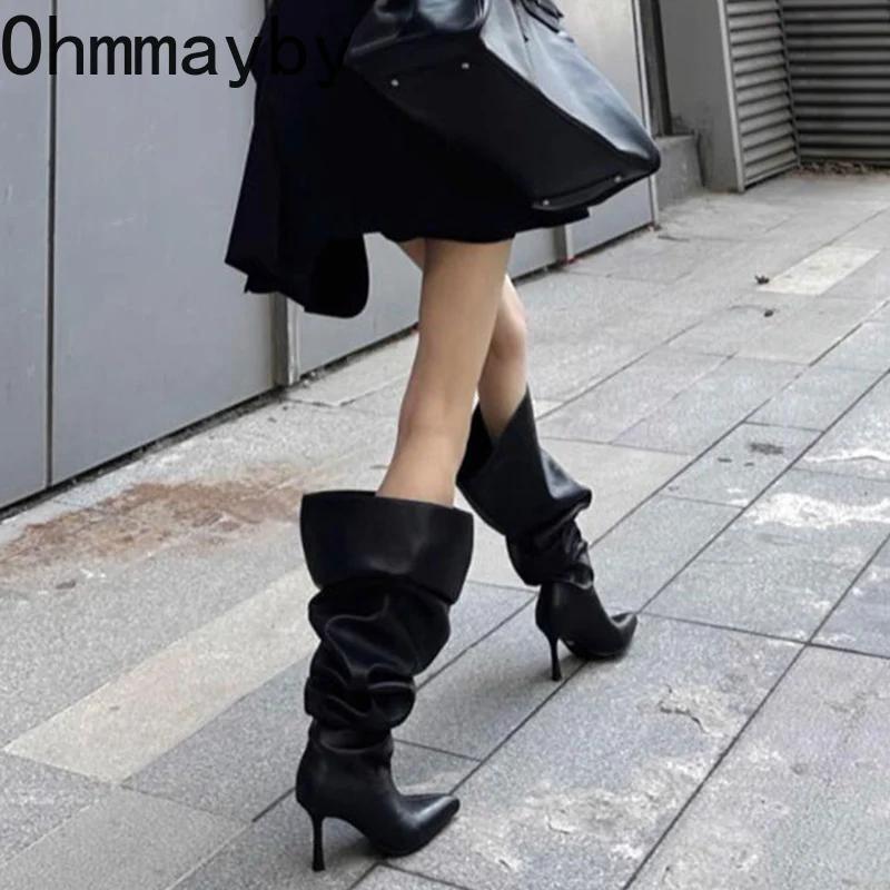Модные дизайнерские женские сапоги с острым носком выше колена, модные женские длинные сапоги с большим цилиндрическим обхватом и тонким высоким каблуком