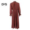 Women Fall Spring Dress Dot Print Pleated High Tight Waist Long Sleeve Shirring Collar Lace Up V Neck Mid Calf Length Lady Midi Dress