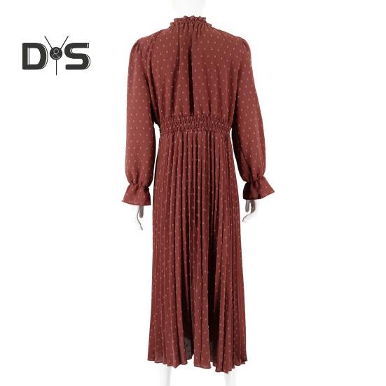 Women Fall Spring Dress Dot Print Pleated High Tight Waist Long Sleeve Shirring Collar Lace Up V Neck Mid Calf Length Lady Midi Dress