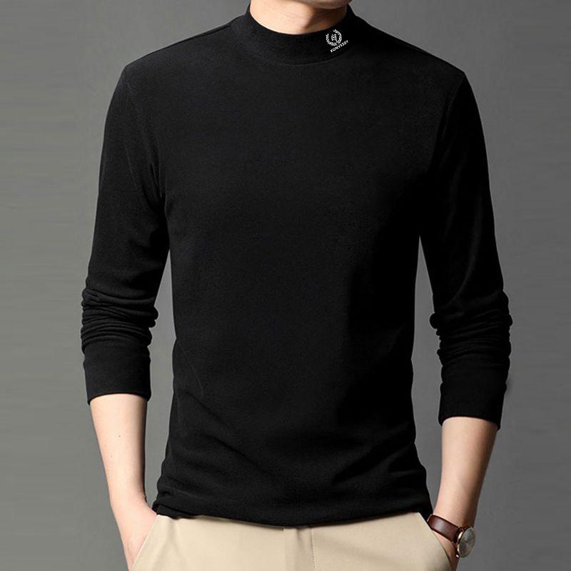 Autumn Winter Half Collar Solid Color Bottoming Tees Men Long Sleeve Add Velvet Casual Fashion T-shirt Male Pullover Top Homme