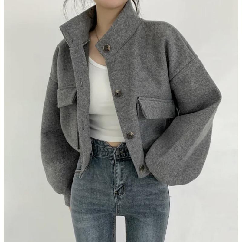 Autumn and Winter Fashion Stand-up Collar Women Short Coats Loose Casual Long Sleeve Office Shirt Ladies Elegant Simple Pockets Jackets Clothing