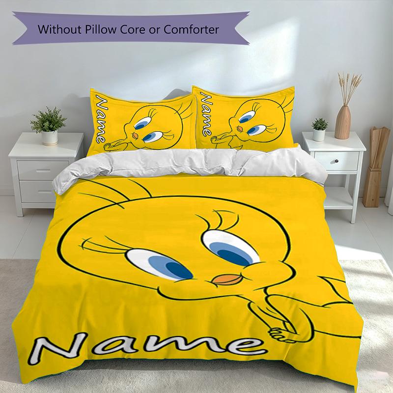 3pcs Custom Name Tweety Bedding Set,Includes 1 Duvet Cover and 2 Pillowcases,All-season Bedroom Decor