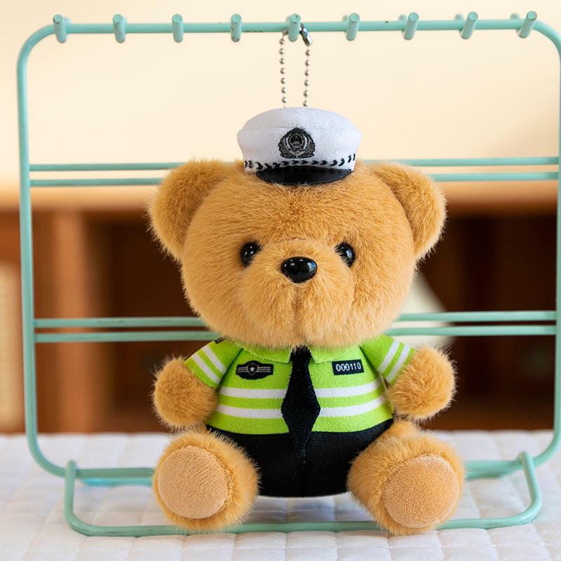 Bear Plush Toy Police Bear Doll Cute Firefighter 4 Inch Doll Schoolbag Grab Machine Doll Pendant