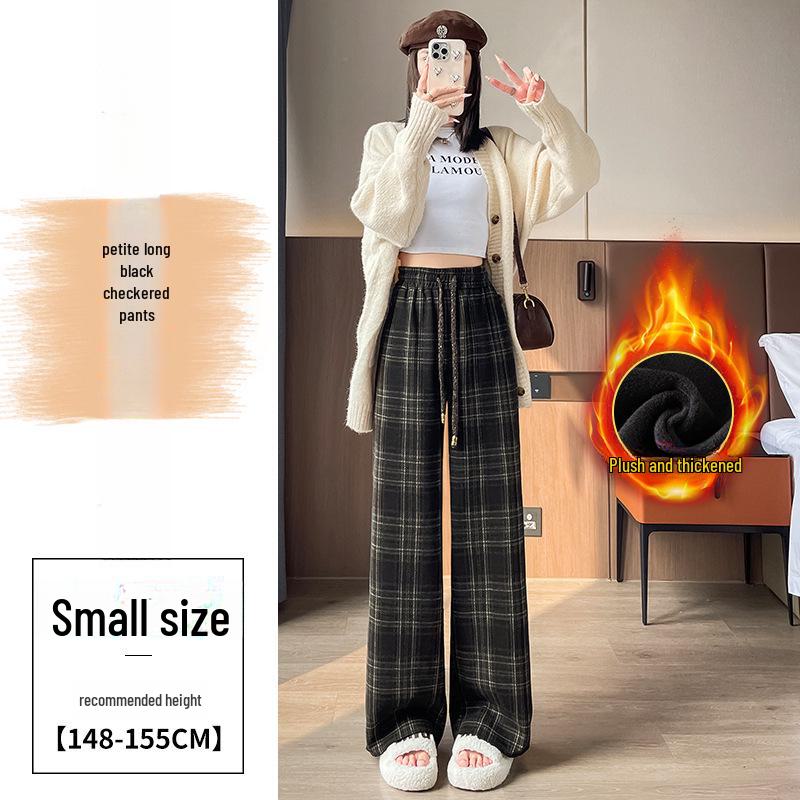 Women's Retro High-Waist Wool Plaid Pants - Contrast Color, Wide-Leg, Floor-Length, Velvet-Lined for Autumn/Winter 2024