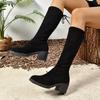 2024 Black Lace-up Women's Boots Casual Retro Women Mid Calf Chunky Heel Shoes Autumn Winter  Round Toe High Boots