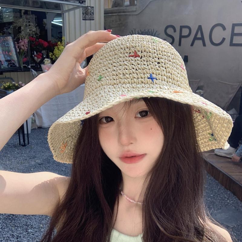 Women's Summer Colorful Sweet Woven Straw Hat Beach Hollow Out Crochet Sun Protection Hat Vacation Wide Brim Sunshade Hat