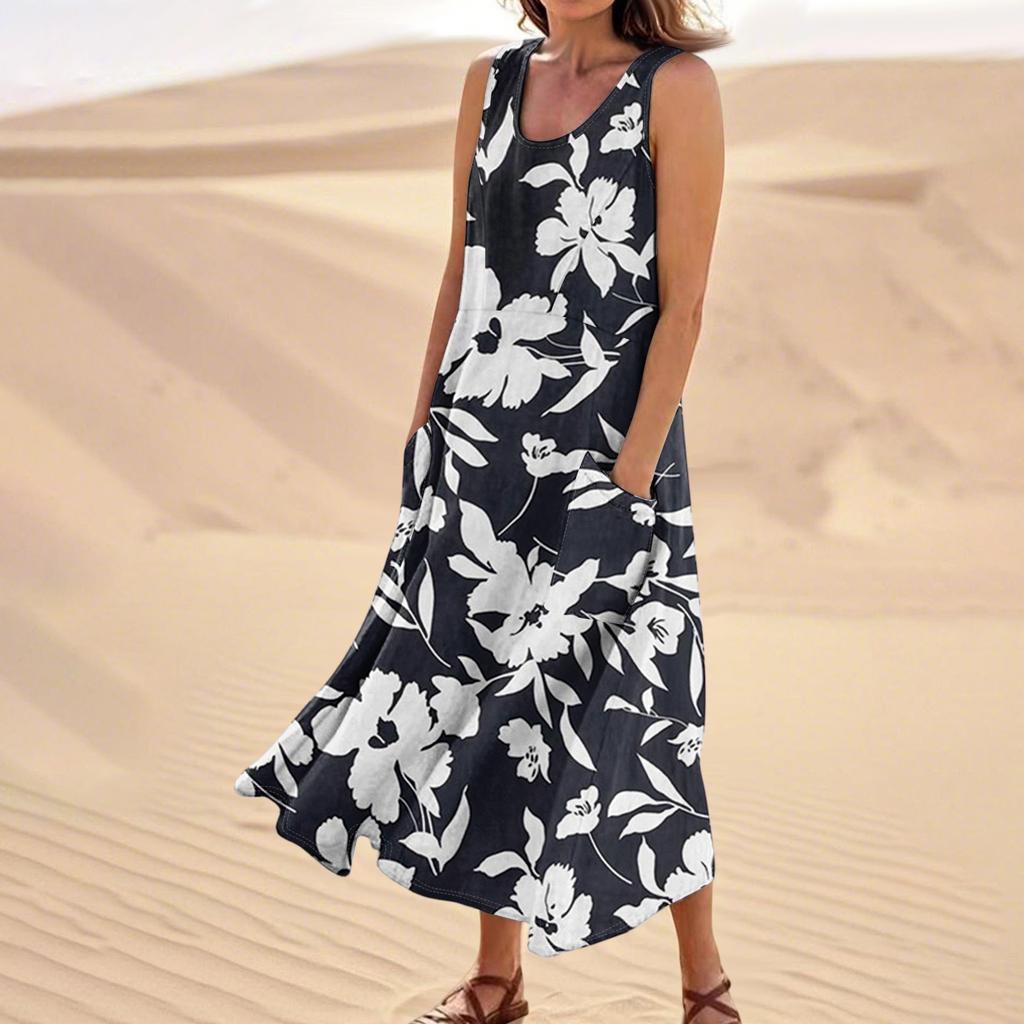 Women's Summer Casual Fashion Flower Printed Sleeveless Pocket Dress