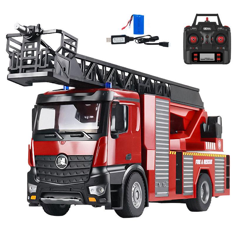22CH RC Fire Truck with RC Aerial Ladder LED Light Sound Effect RC Fire Engine Spray Water Fire Sprinkler Truck Toys RC Car