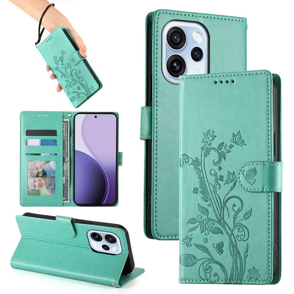 Для Oppo Reno15 F 5G Чехол-кошелек с принтом Бабочки и Цветов из ПУ-кожи с Ремешком на Запястье