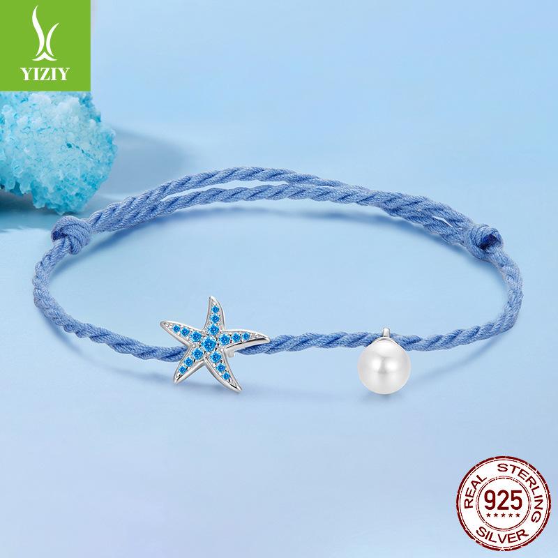 S925 Sterling Silver Starfish Bead Bracelet Summer Blue Ocean Wind Hand Rope Bracelet Jewelry