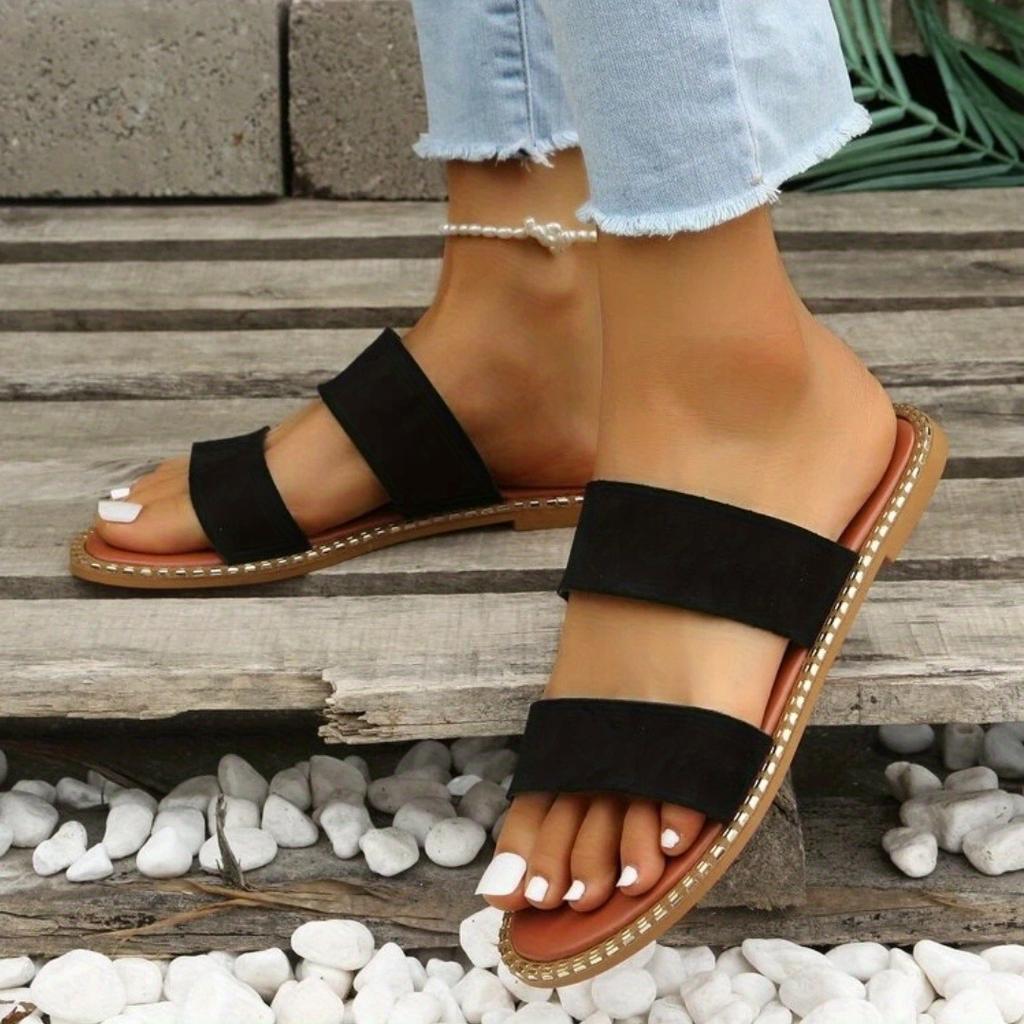 Женские шлепанцы на плоской подошве с двойным ремешком, противоскользящие туфли без шнуровки с круглым носком, универсальные пляжные шлепанцы на открытом воздухе