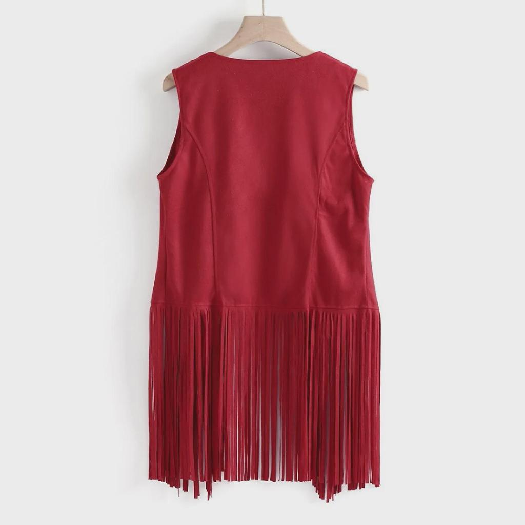 Женский летний жилет из оленьей кожи с кисточками: Однотонный, без рукавов, повседневный кардиган-топ