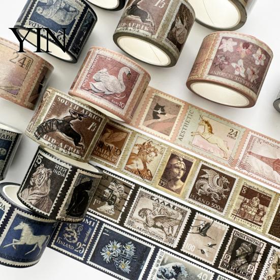 Washi Tape Roll Vintage Stamp Roll, Aesthetic Decorative Masking Tape, Retro Adhesive for DIY Art Crafts, Journaling Scrapbooking Supplies