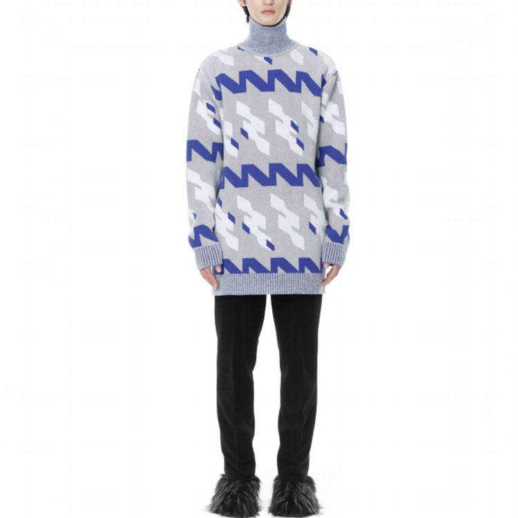 WE11DONE FW21 Синий Геометрический Узор Жаккардовый Шерстяной Свитер с Высоким Воротником Унисекс Серый WD-KT3-21-646-U-BL