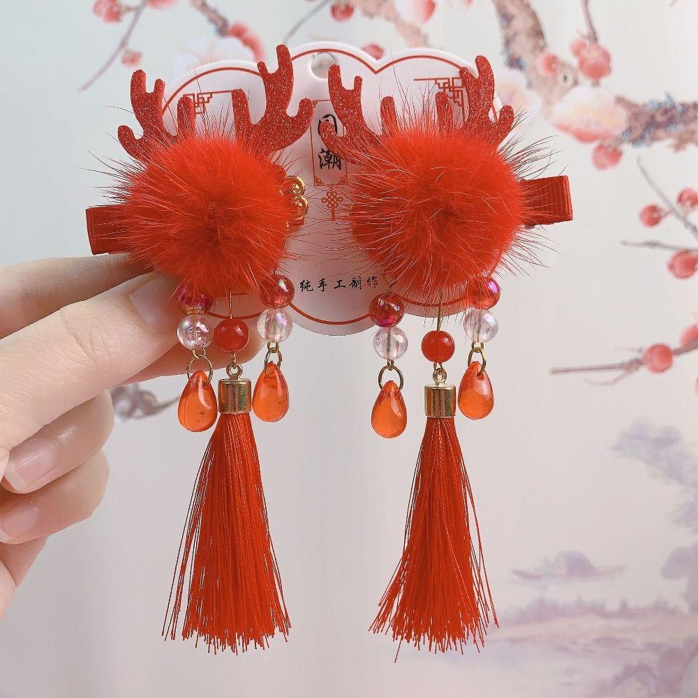 2 шт., кисточка, красный бант, шпилька для волос в китайском стиле, детская боковая заколка для парика, праздничная новогодняя заколка для волос