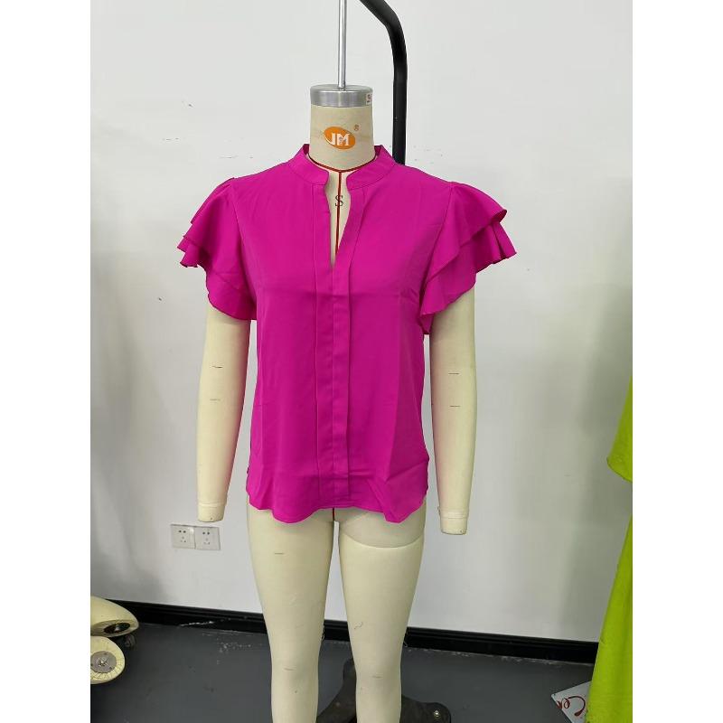 Women's Shirt Summer New V-neck Casual Ruffled Short Sleeve Solid Color Loose Shirt Tops Women Elegant Fashion Casual Women's Blouses