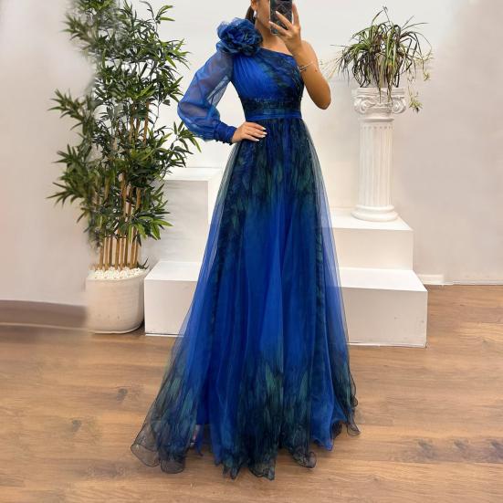 Женское вечернее платье с 3D-цветочным декором на одно плечо, плиссированное, сетчатое, банкетное платье, одно длинное