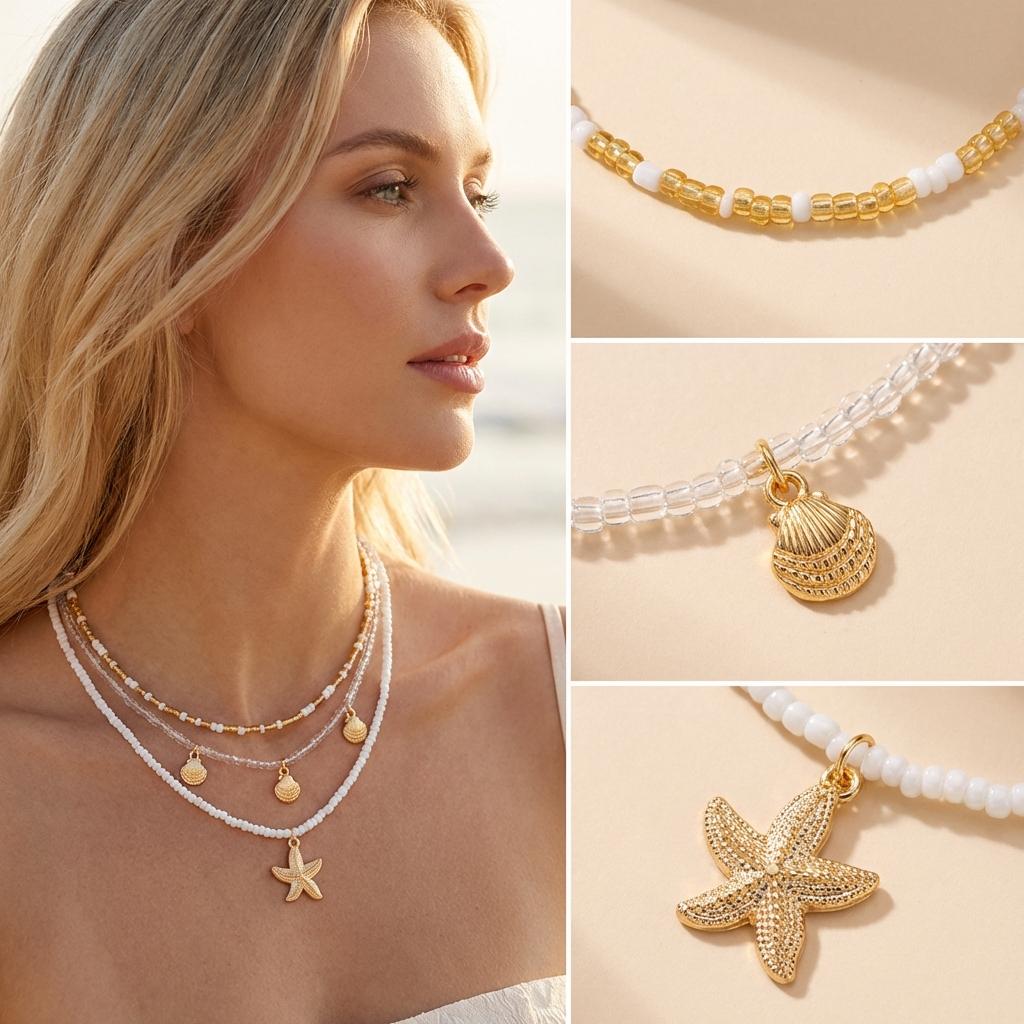 Handmade Rice Beads Multi-layer Stacked Choker for Women Simple Starfish Shell Pendant Necklace Bohemian Beach Jewelry Gifts