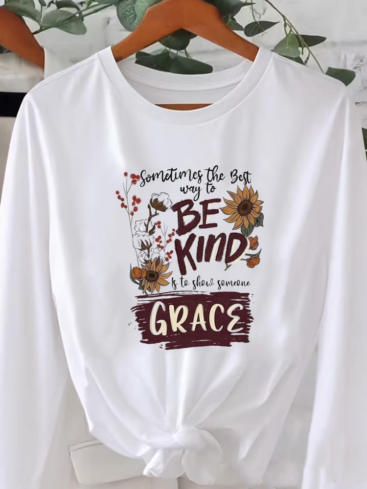 (Азиатский размер) Футболка с длинным рукавом Футболка с круглым вырезом Принт осень зима весна Женский тренд Цветочный тренд Одежда Повседневная Мода Топ Графические футболки