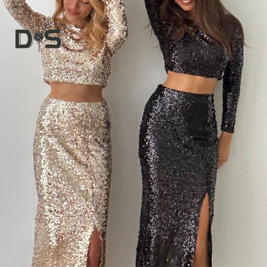 2 Pcs/Set Women Top Skirt Suit Shiny Sequin Long Sleeve O Neck Short Waist Exposed Top High Waist Split Slim Fit Club Party Midi Skirt Set