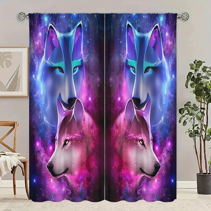 Set Of 2 Flat Curtains Polyester Material Double Wolf Print Art Design Pole Bag Bedroom Home Decoration Curtain Perfect For Sleeping Area