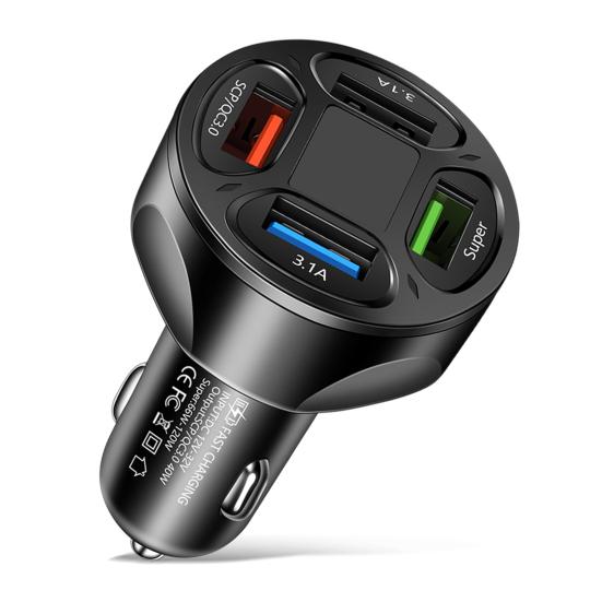 Автомобильное зарядное устройство мощностью 66 Вт, зарядное устройство USB с 4 портами, интеллектуальная защита чипа, обнаружение напряжения, огнестойкость, термостойкость, портативное автомобильное зарядное устройство