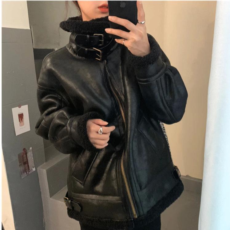 Новая зимняя куртка из овечьей шерсти с мехом, женская замшевая байкерская куртка из овечьей шерсти и хлопка