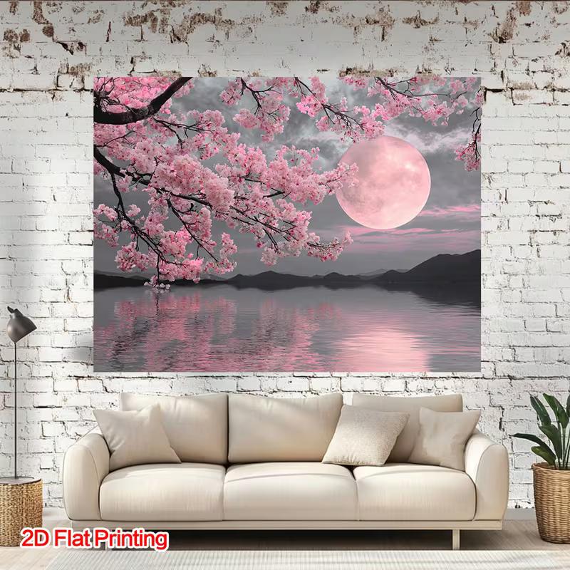 2D Nighttime Sakura Lake with Pink Moon Reflection Backdrop