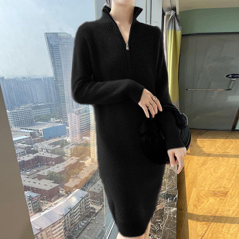 Simple Long Sweater Autumn and Winter Knitted Dress for Women Long Knee-length Zipper Sweater Dress Loose