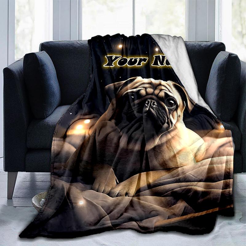 1PC Custom Name "Starry Night Pug Dreams" flannel blanket versatile,all-season throw suitable for the living room,bedroom,camping,travel,and gift