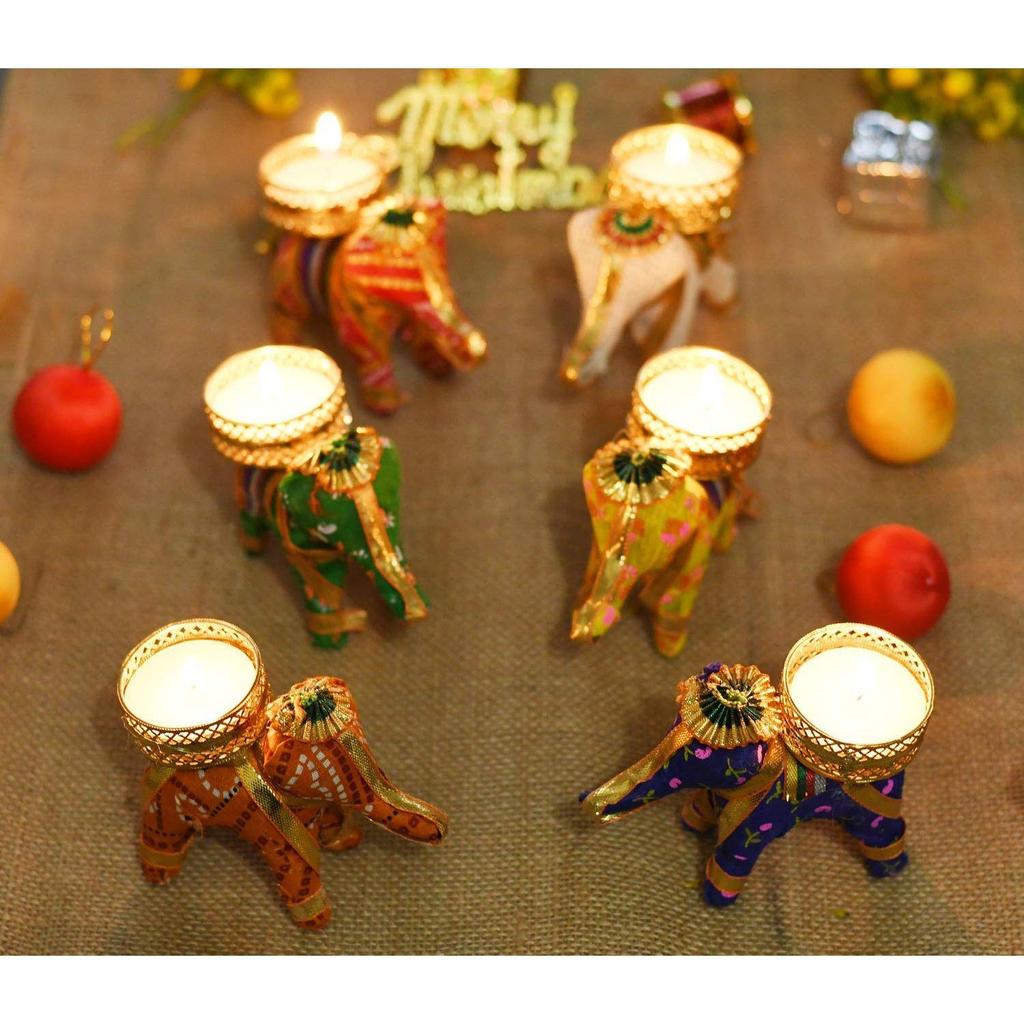 Tealight Candle Holders Set for Diwali Decoration Item for Home Décor Tea Light - Handmade Elephant Candle Stand Diwali Decorations - Set of 6