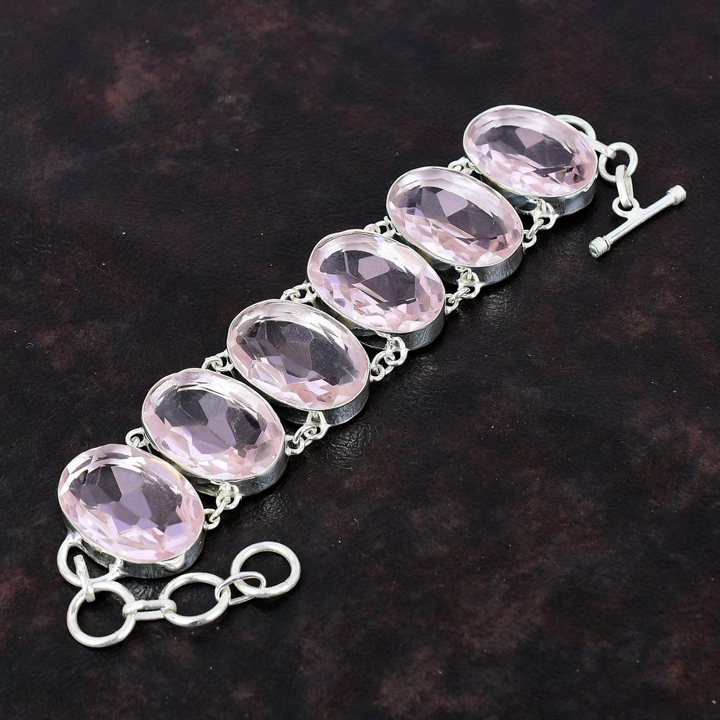 Граненый розовый браслет из кунцита Ювелирные изделия ручной работы Браслет из стерлингового серебра 925 пробы Браслет из натурального драгоценного камня Регулируемый браслет-цепочка Свадебный подарок