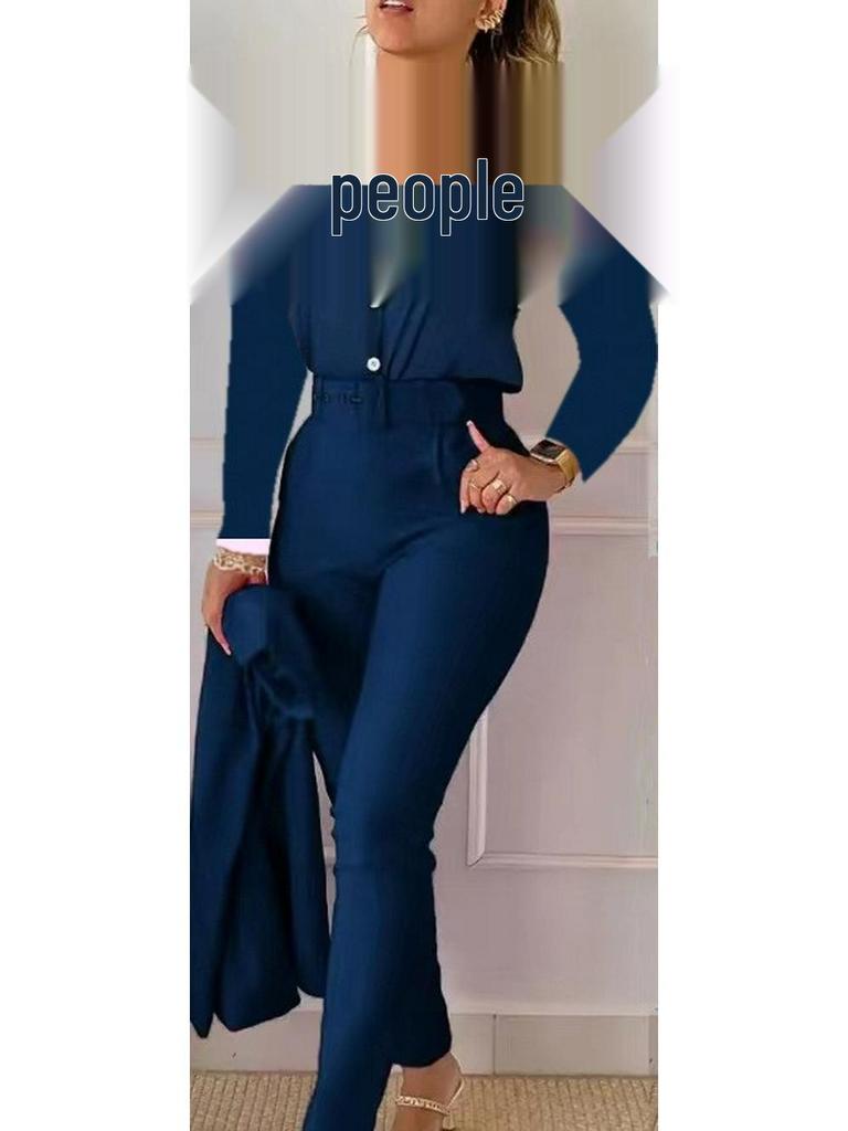 Принтованный топ с длинным рукавом и однотонный брючный костюм с поясом