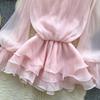 Sweet Pink 3D Floral Beach Short Dress Female Long Sleeves Lace Up Ruffle Chiffon Cake Sundress Sheer Sexy Vintage Bohemian Dress