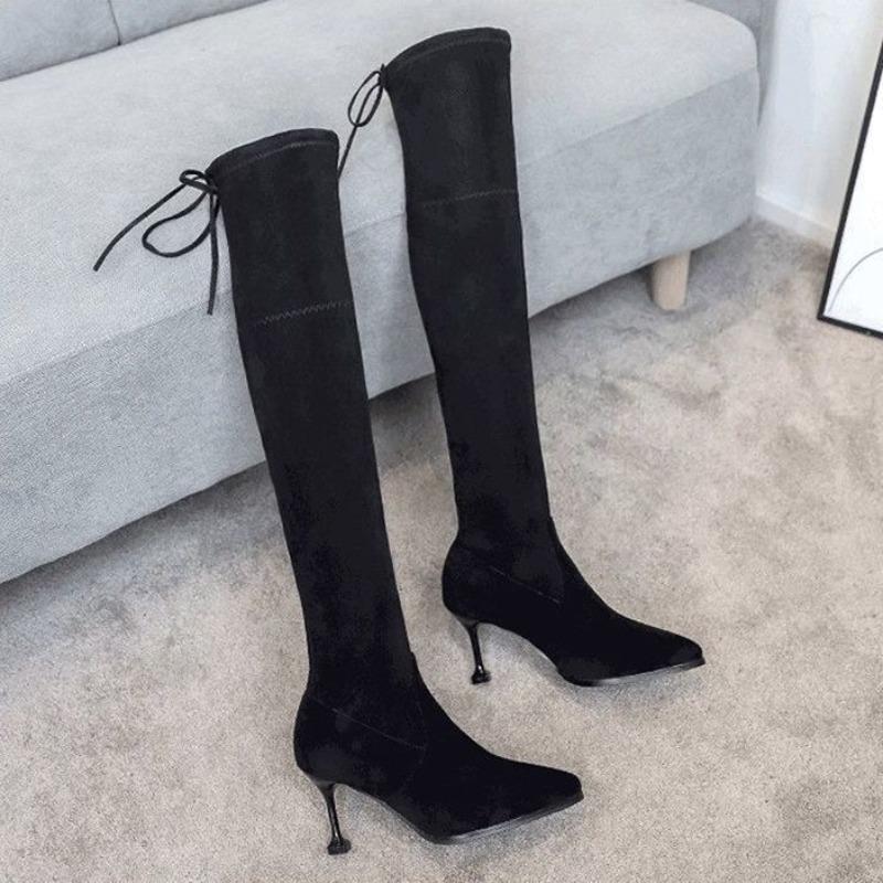 Fashion Ladies Boots Pointed Toe Black Above Over The Knee Elegant Heeled Shoes for Women Footwear Elastic High Heels Thigh Gothic Hot