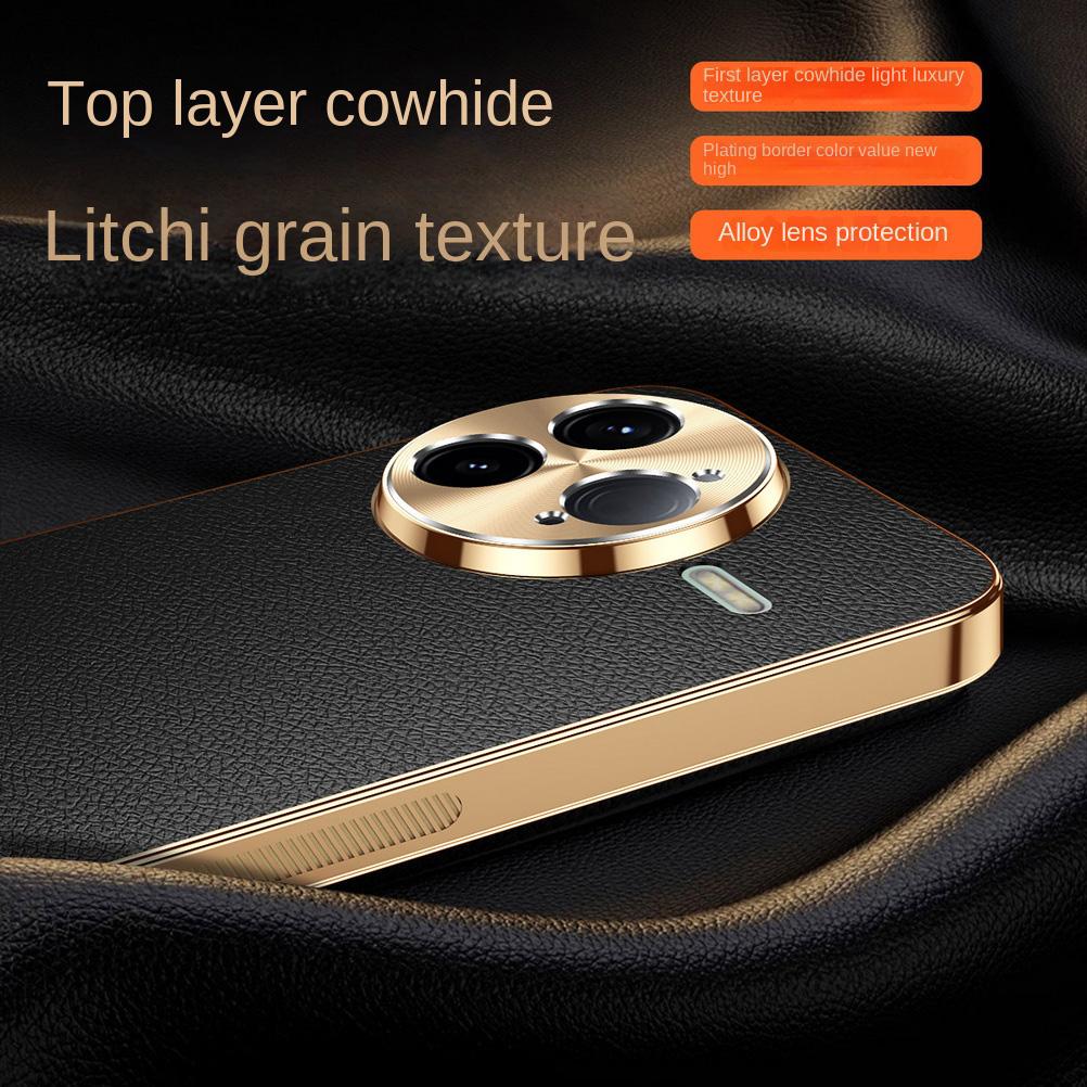 First Layer of Cowhide Lychee Texture Electroplated Frame Case For Poco F7 Ultra F7 Pro POCO X7 Pro F6 Pro F5 Lens Protect Cover