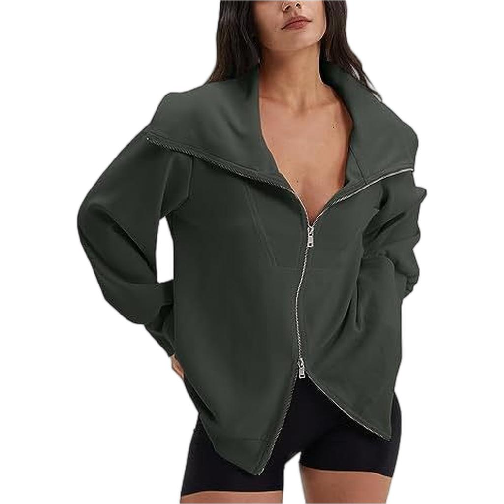 Women's Comfortable Casual And Fashionable V-neck Long Sleeved Solid Color Double Zipper Sports Shirt Jacket