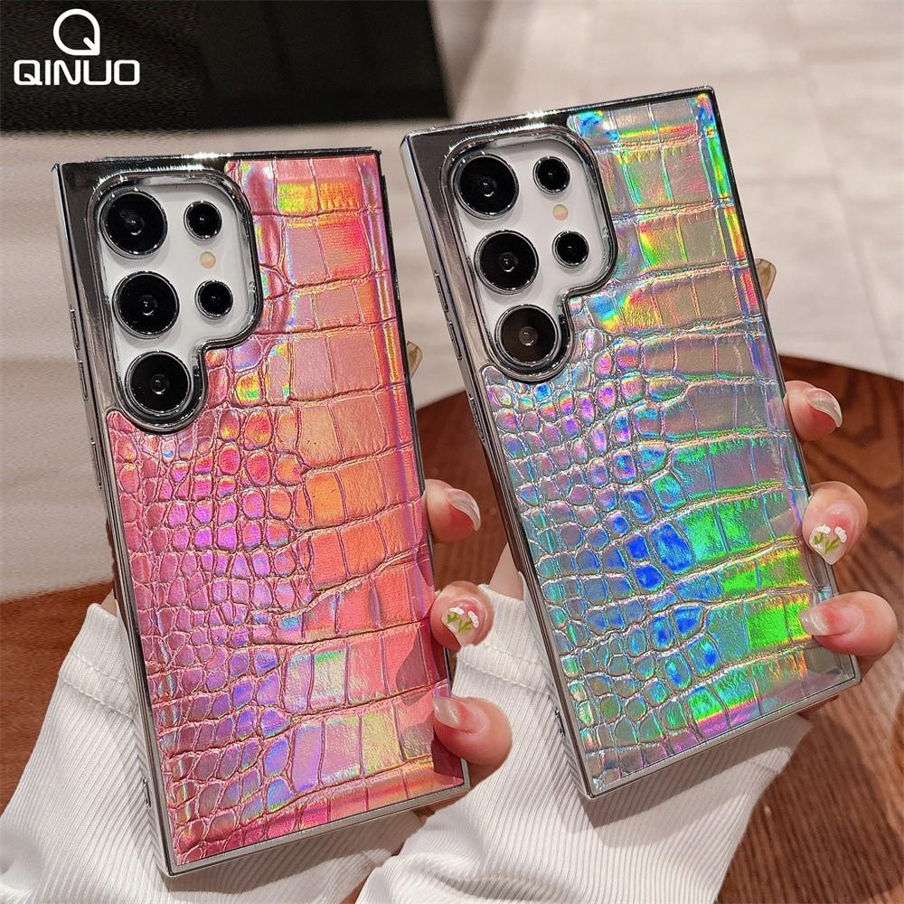 Роскошный лазерный чехол из кожи с градиентным узором под крокодила для Samsung Galaxy S25 S24 S23 Ultra Plus, твердая задняя крышка с покрытием цвета Аврора