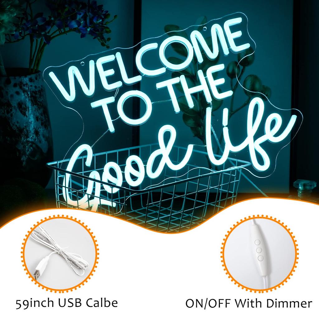 Добро пожаловать в хорошую жизнь Неоновая светодиодная неоновая трубка Диммируемый настенный декор Свет для детей Бар Питание от USB Знак, Декор, Спальня, Комната, День рождения, Вечеринка,