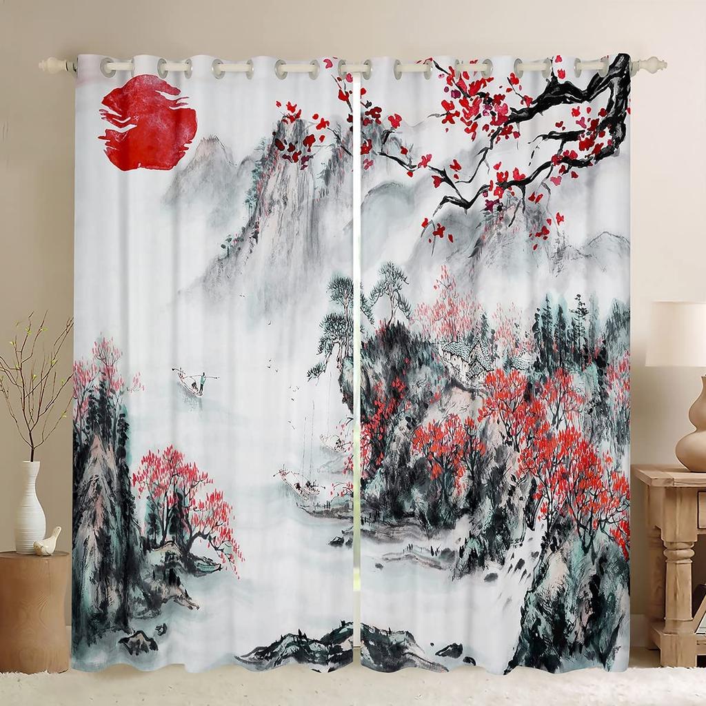 Японский пейзаж Красный восход солнца Журавль Оконные занавески Традиционная живопись тушью Оконные занавески Горный пейзаж Гостиная Шторы
