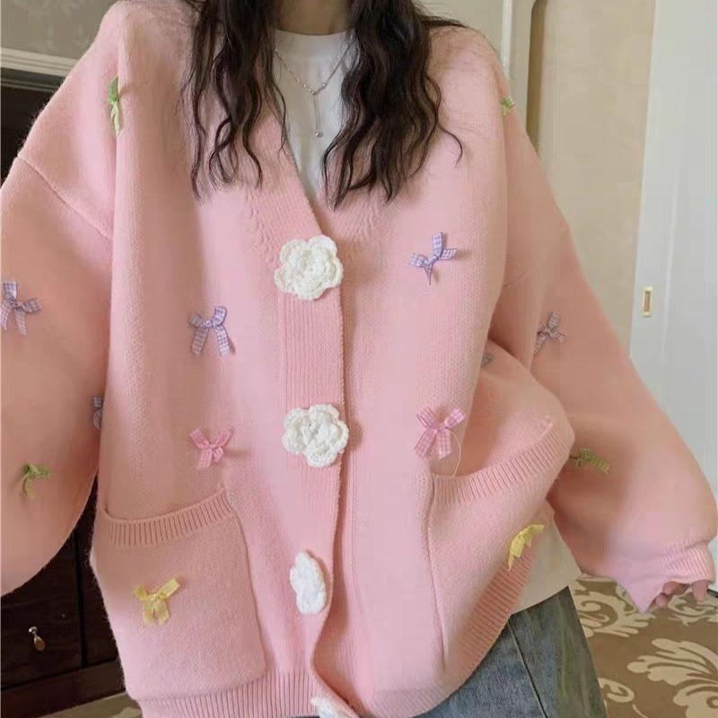 3D цветочный кардиган для женщин однотонный длинный рукав свободный бант женский свитер V-образный вырез повседневная женская верхняя одежда топы