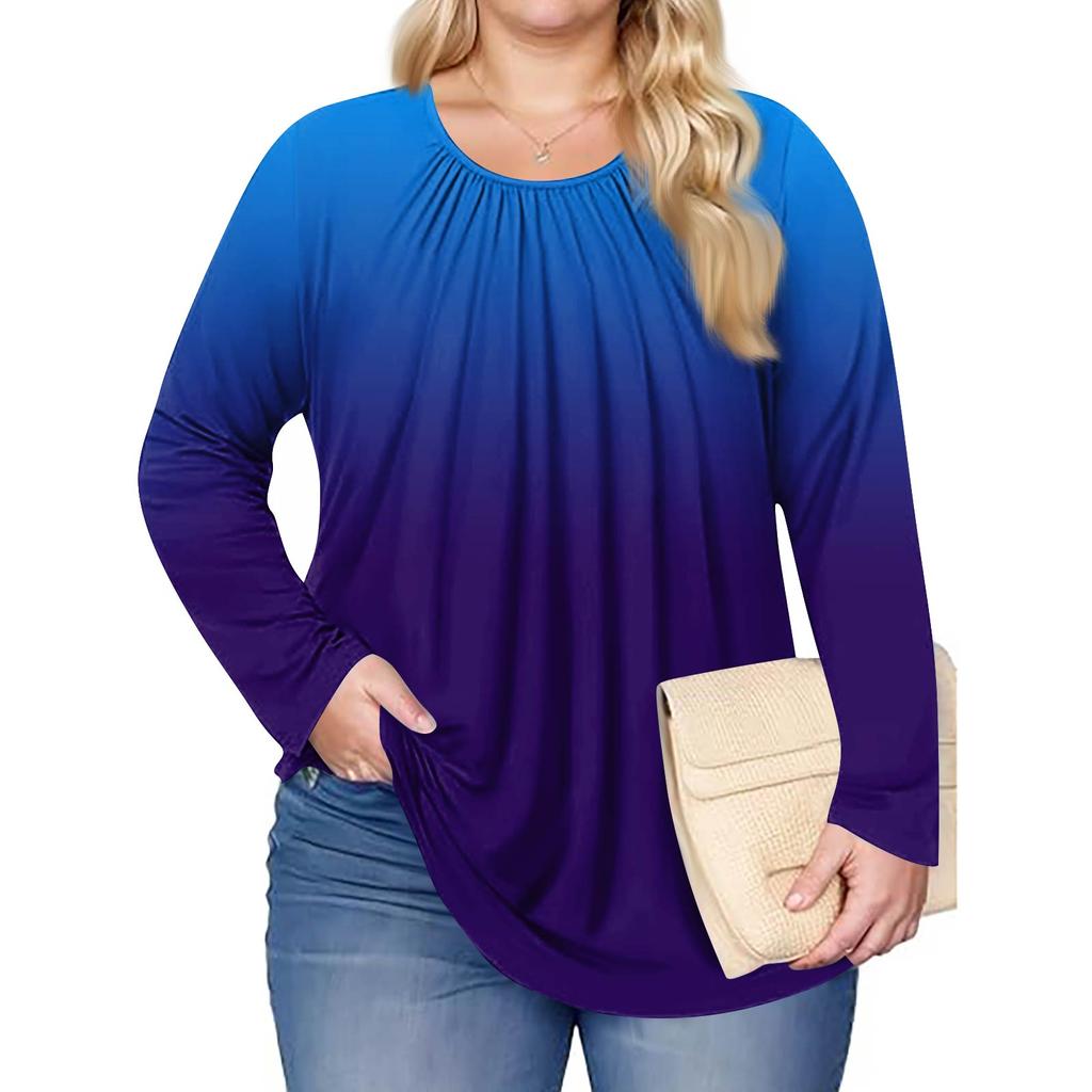 Женский модный топ большого размера с принтом, повседневный плиссированный, с круглым вырезом и длинными рукавами