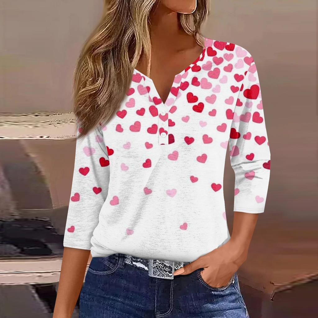 Жен. Футболка Футболка С принтом Пуговицы Рукав 3/4Ежедневно Выходные Мода Классический Топ с v-образным вырезом Обычный