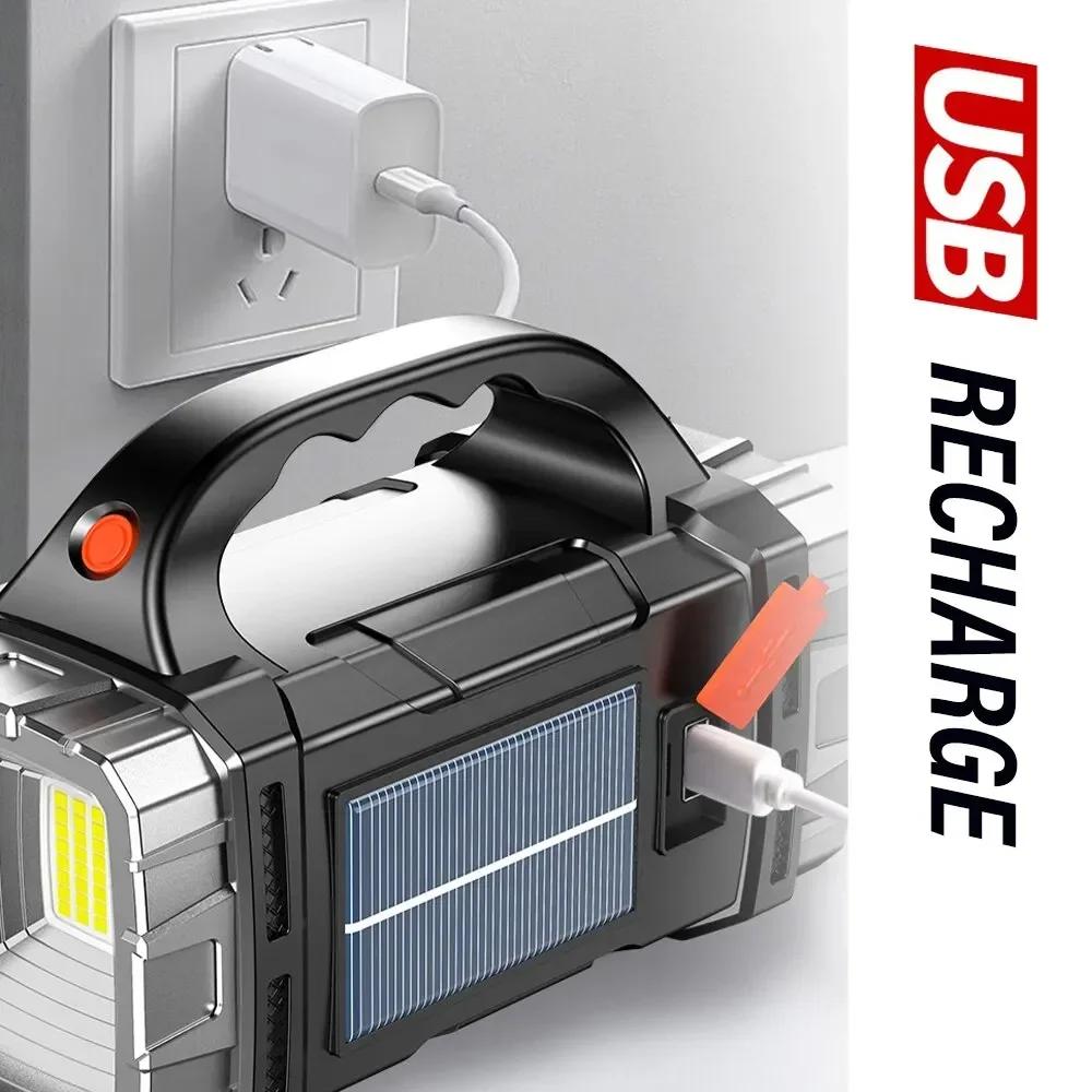 Portable Powerful USB Rechargeable Flashlights Solar LED Light With COB Work Light 4 Gear Charge Mobile Phone Camping Lamps