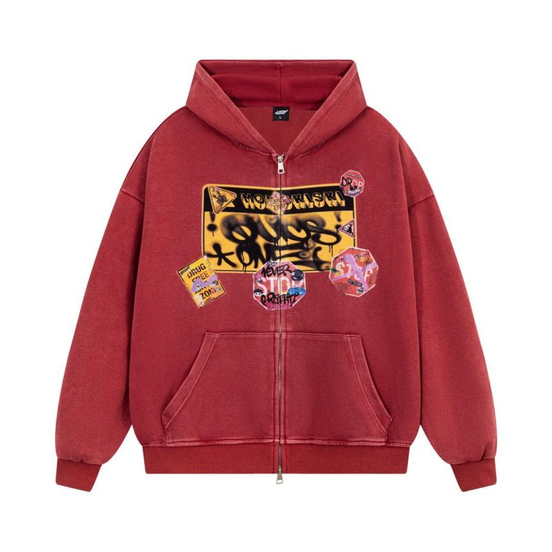 Mens Oversized Hooded Zip-Up Sweatshirt With Graphic Print Cotton Blend Fall Casual Streetwear